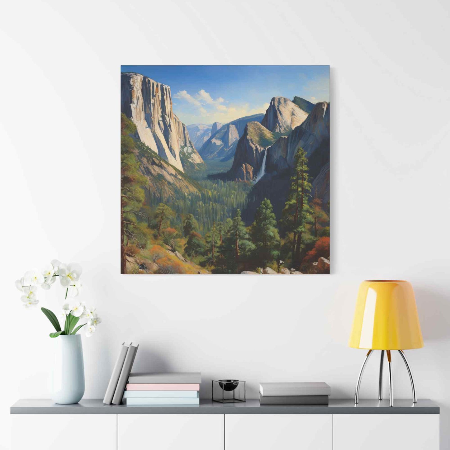Yosemite Valley Print Canvas, Oil Paint Print 20x20, 24x24, 30x30, 32x32, 36x36 Art Design Print Pine-Wood Inner Frame MC-60