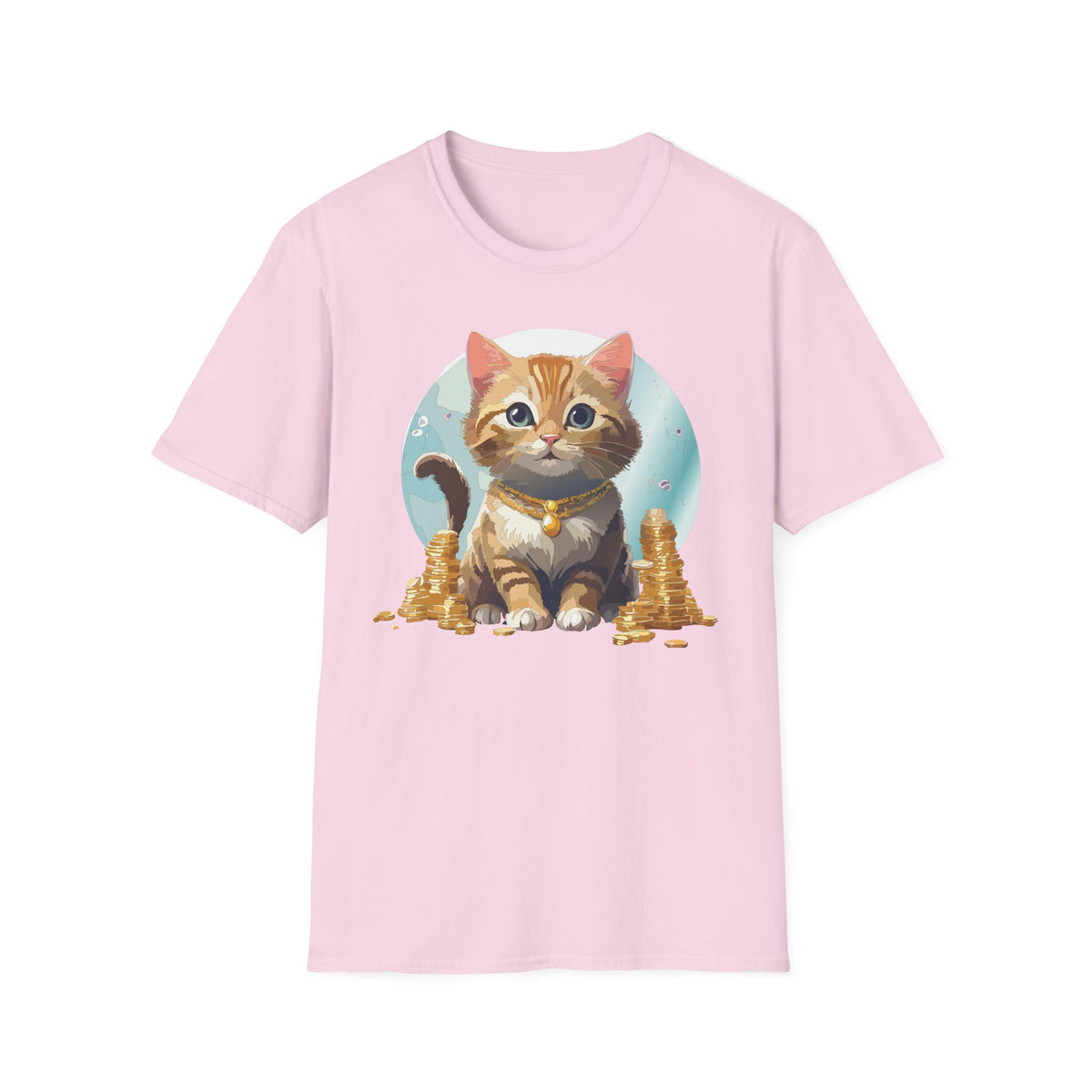 Lucky Cat Illustration T-Shirt | Cute Kitten with Coins