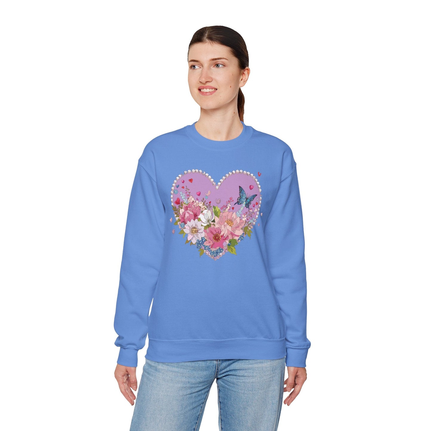 Floral Heart Sweatshirt Unisex Crewneck Valentines Day Heavy Blend Gildan 18000 Cozy Warm