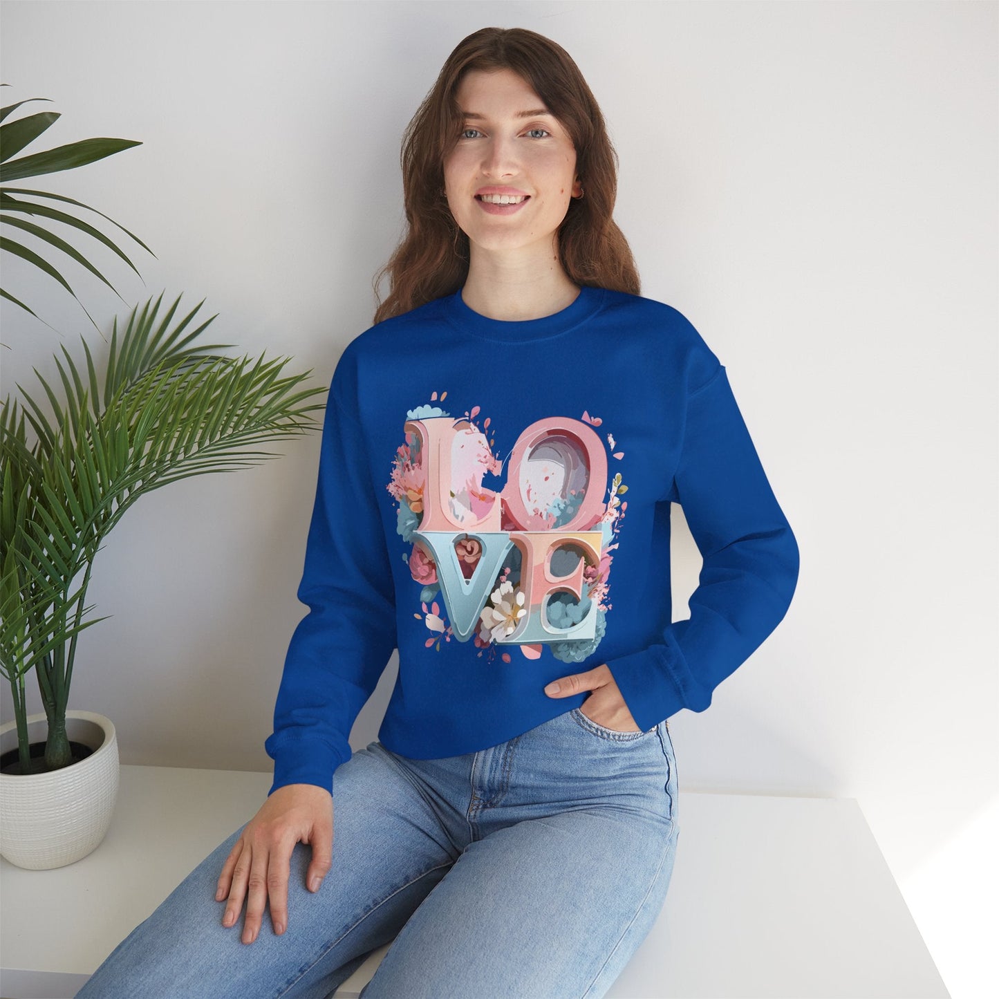 Floral Love Sweatshirt Unisex Crewneck Valentine Day Gift Gildan 18000 Fifty Fifty Cotton Blend