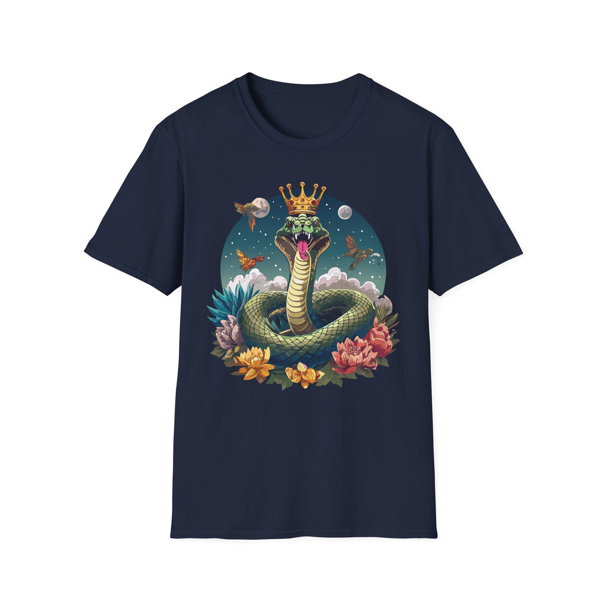 Crowned Snake Illustration T-Shirt | Regal Serpent, Floral Night Scene