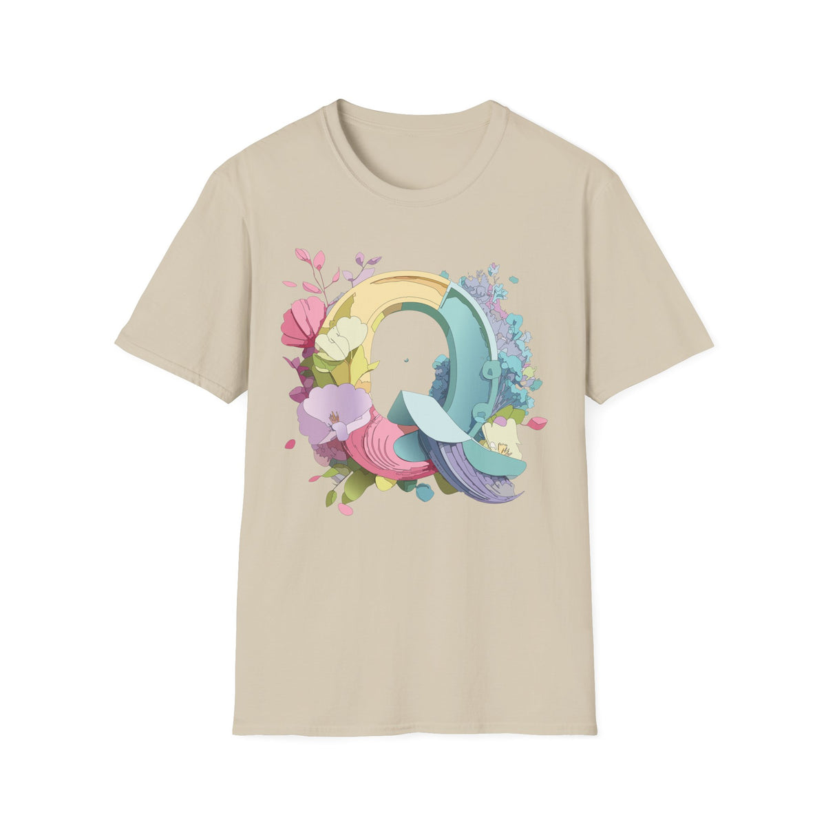 Floral Letter Q T-Shirt | Pastel Rainbow Monogram Tee