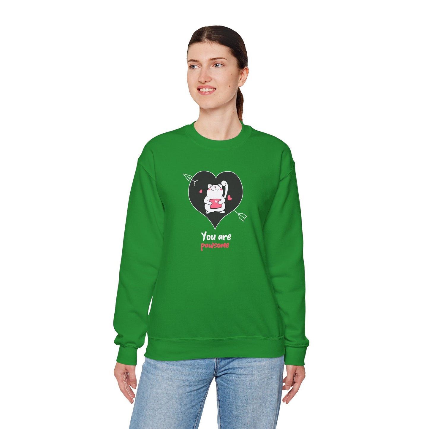Cat Heart Sweatshirt Unisex Valentines Day Fifty Fifty Cotton Poly Crewneck Gildan 18000