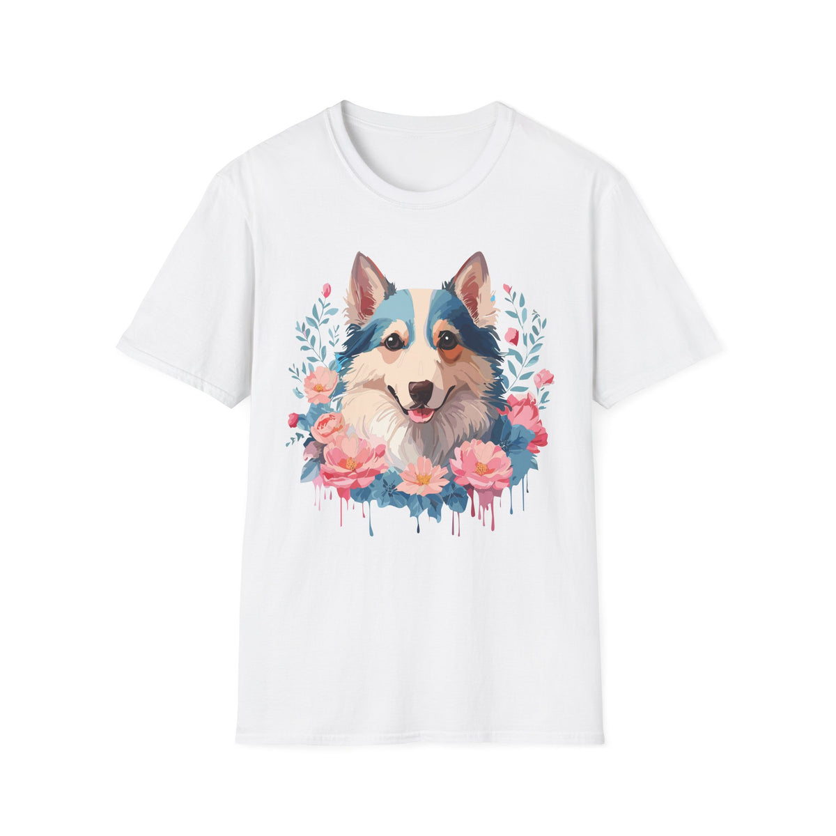 Floral Corgi Portrait T-Shirt | Dog Face Tee with Flowers