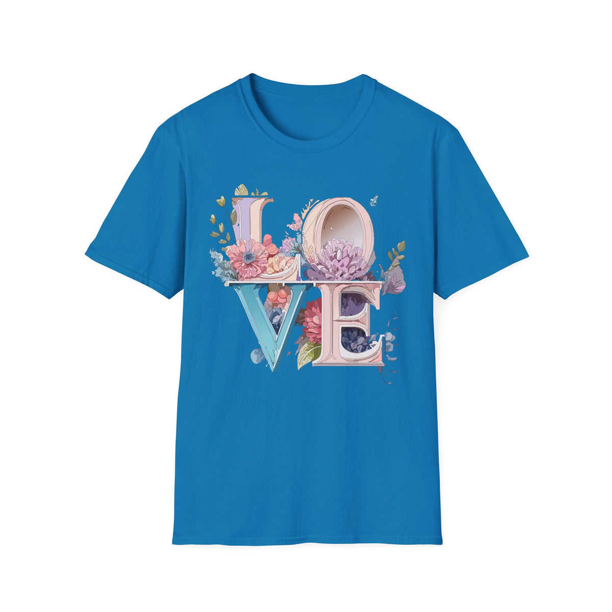 Floral LOVE Typography T-Shirt | Botanical Letter Art, Pastel Bloom Design