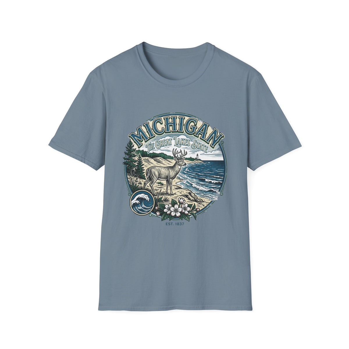 Michigan Deer Scenic T-Shirt — Vintage Great Lakes Travel Tourist Graphic Design Unisex 100 Cotton Gildan T-Shirt