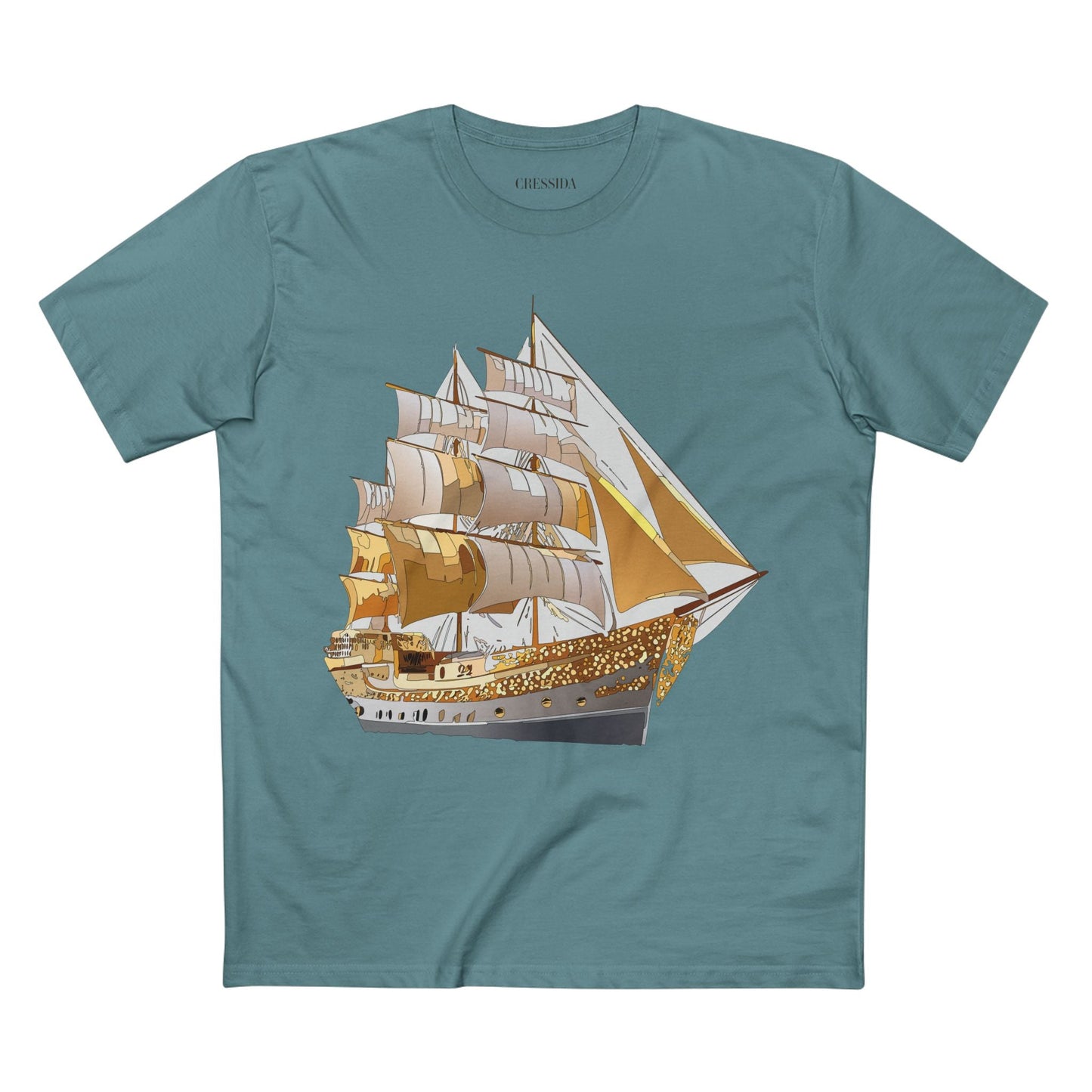 Ship Graphic Unisex 100 Cotton T-Shirt with Gold Frigate Art Design 21