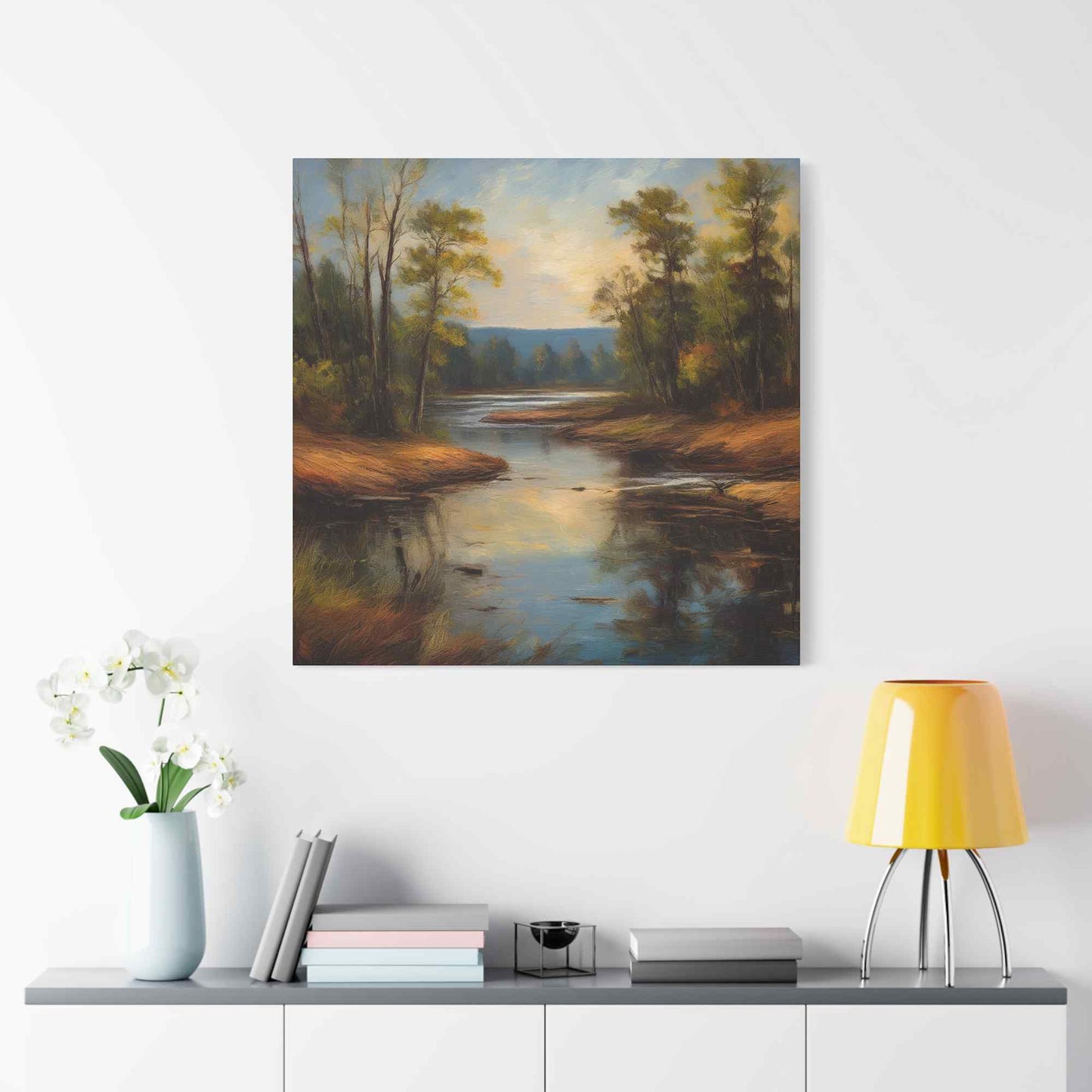 River Print Canvas, Landscape Oil Paint Print 20x20, 24x24, 30x30, 32x32, 36x36 Art Design Print Pine-Wood Inner Frame MC-51