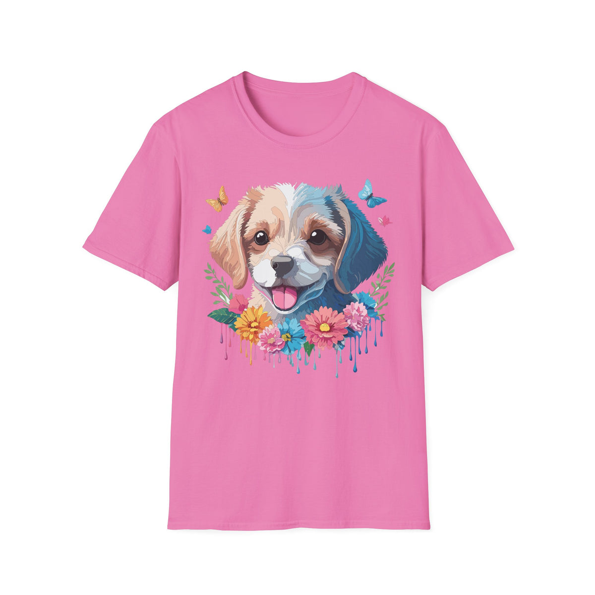 Happy Puppy Face T-Shirt | Cute Dog Portrait, Flowers & Butterflies