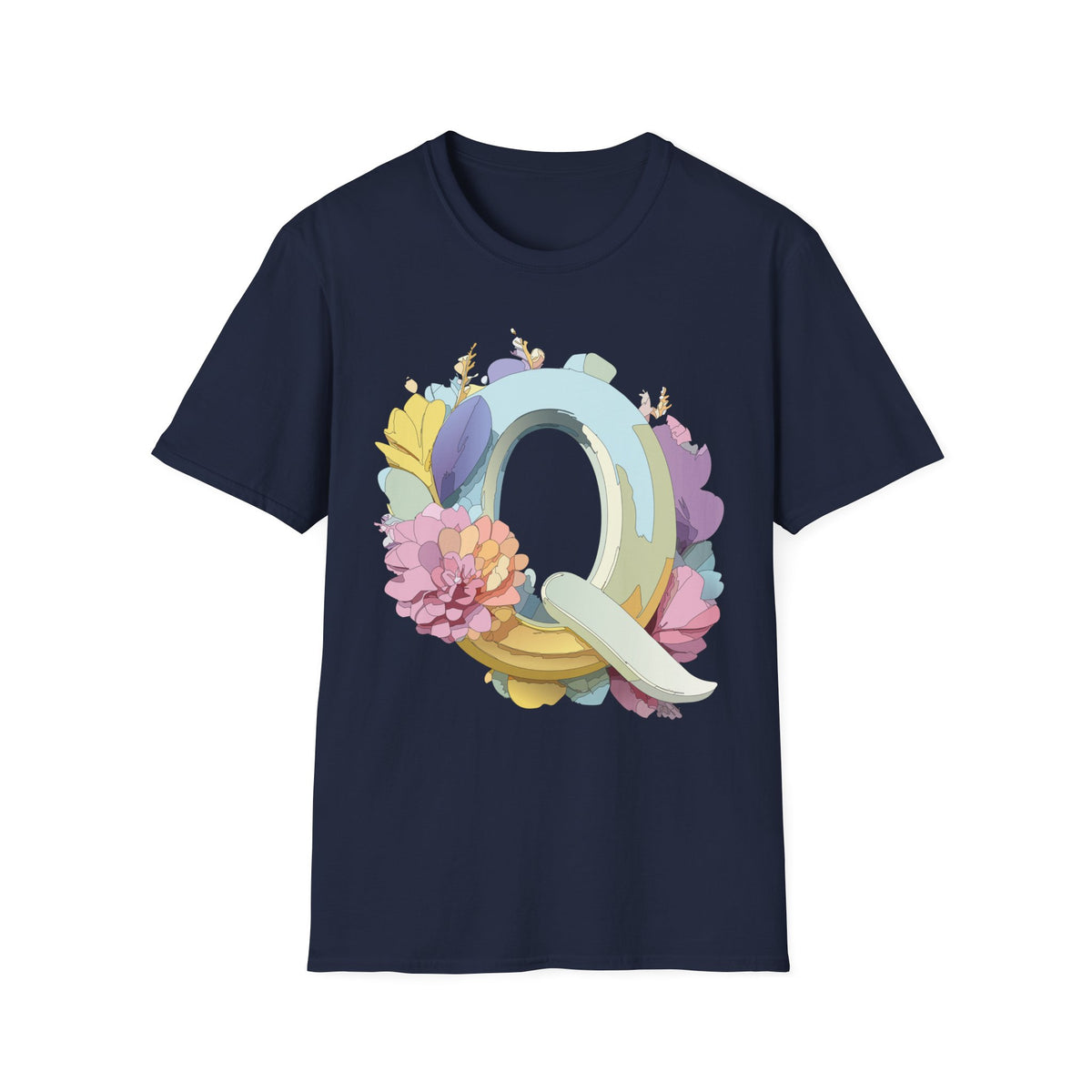 Floral Letter Q T-Shirt | Pastel Monogram Tee, Botanical Initial Shirt