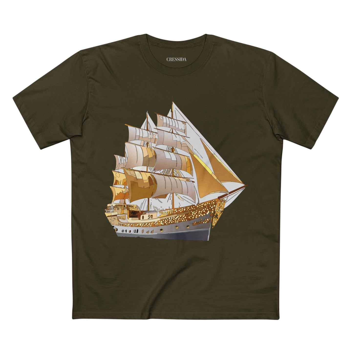 Ship Graphic Unisex 100 Cotton T-Shirt with Gold Frigate Art Design 21