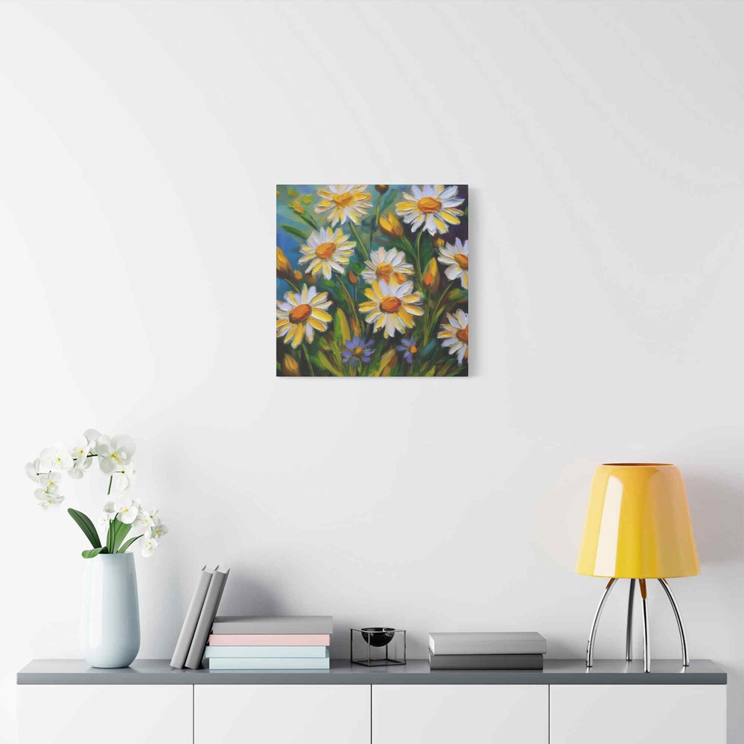 White Daisies Print Canvas, Floral Oil Paint Print 20x20, 24x24, 30x30, 32x32, 36x36 Art Design Pine-Wood Inner Frame MC-127