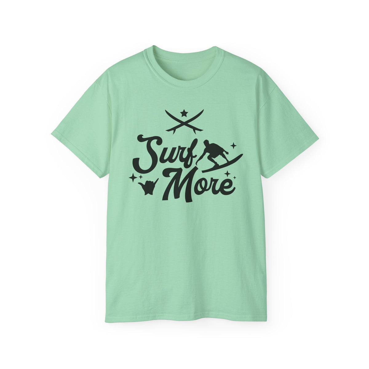 Surf More surfboard graphic Tee | surfer silhouette, waves, retro script