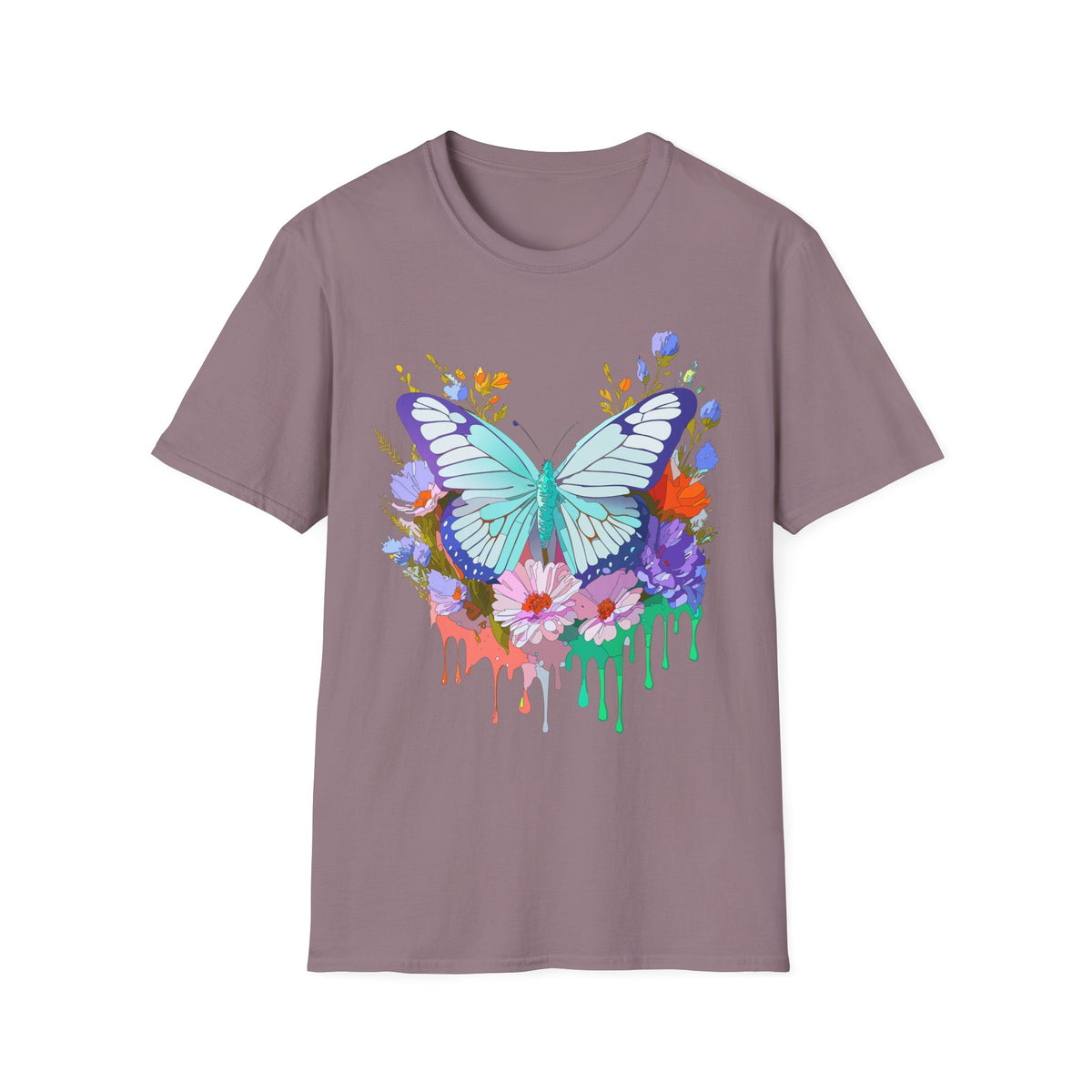 Butterfly Floral Drip T-Shirt — Teal Butterfly with Watercolor Flowers Graphic Tee Unisex 100 Cotton Gildan T-Shirt