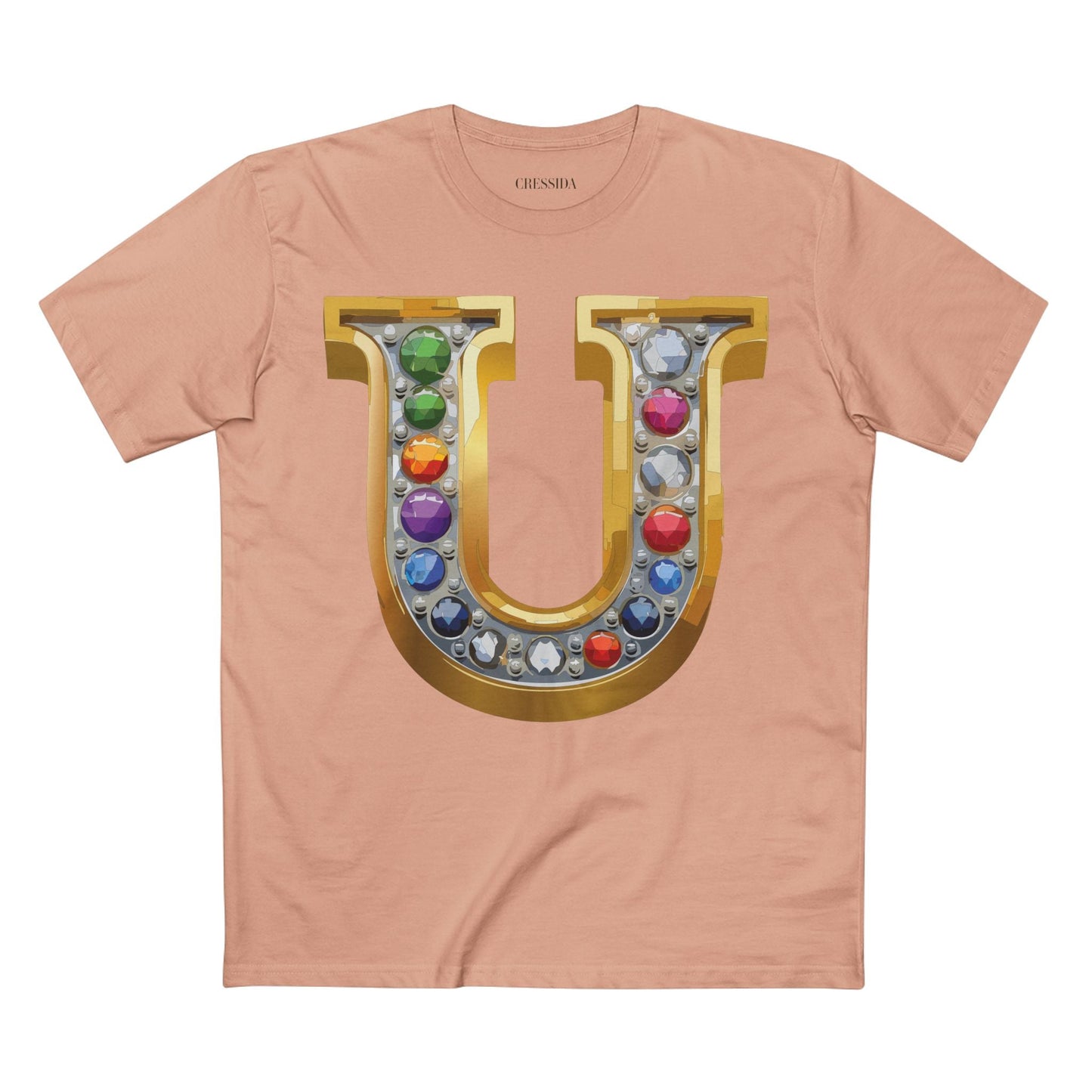 Letter U Graphic Design Tee Unisex 100 Cotton With Antique Gold Letters Artwork T-Shirt
