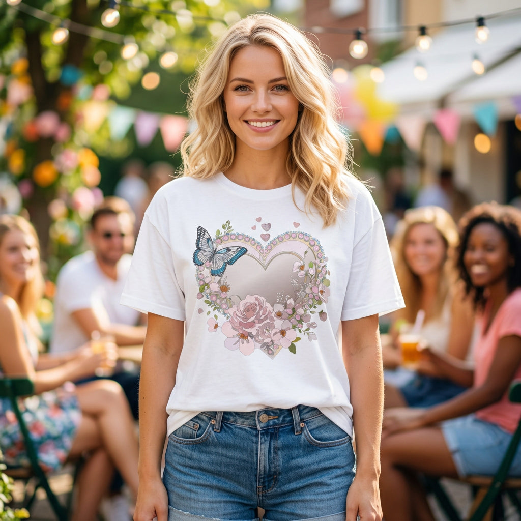 Floral Heart with Butterfly T-Shirt | Romantic Pastel Garden Graphic Tee Unisex 100 Cotton Gildan T-Shirt