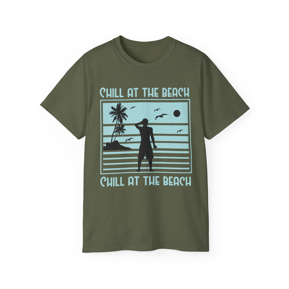 Chill at the Beach silhouette surf scene Tee | Palm trees, sunset, ocean vibes