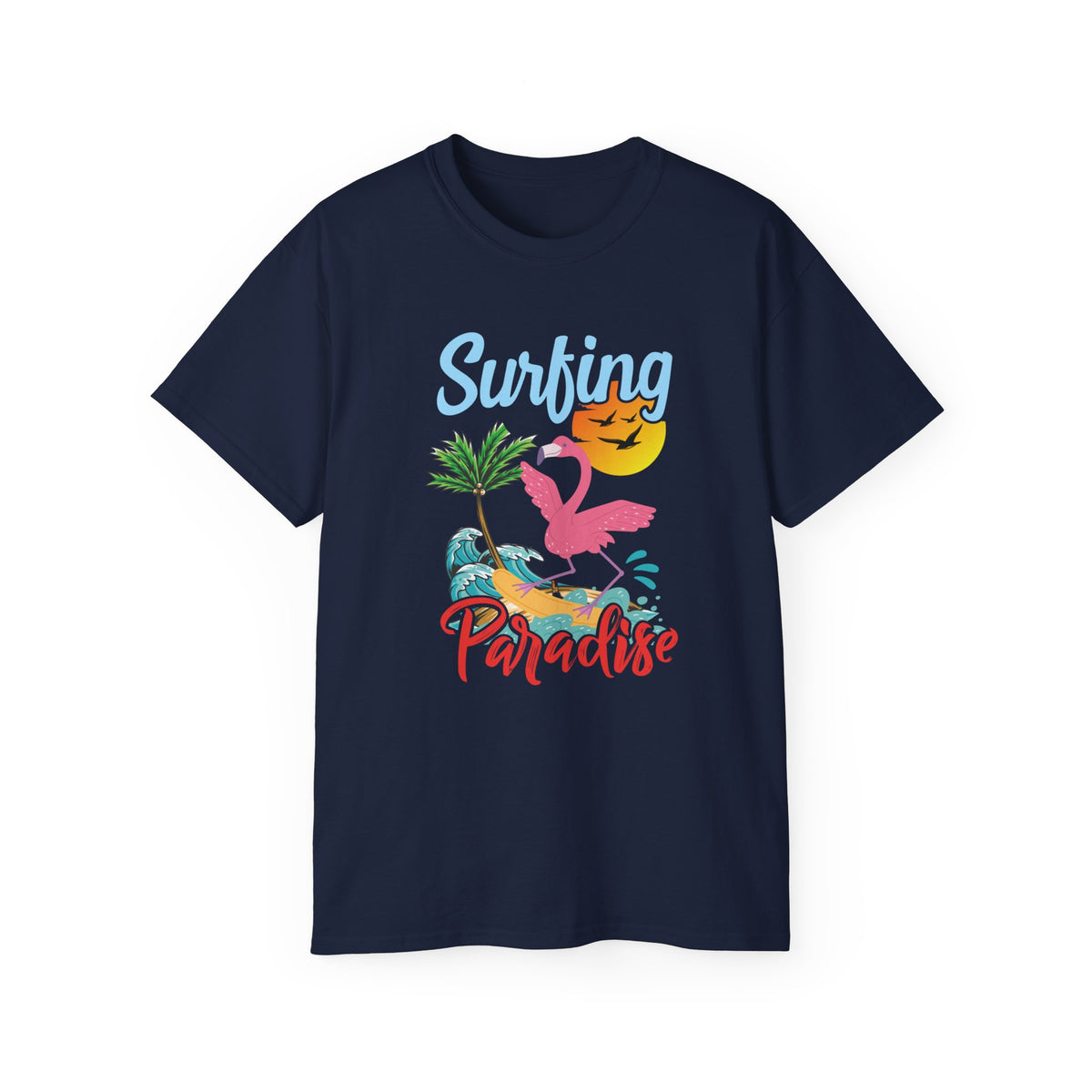 Surfing Paradise Flamingo Tee | Tropical Palm Sunset Surfboard