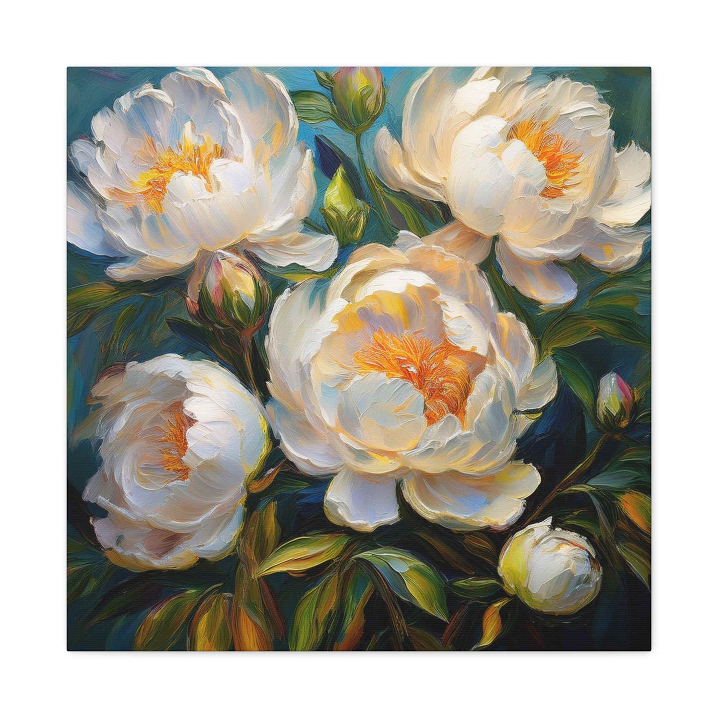 White Peonies Print Canvas, Floral Oil Paint Print 20x20, 24x24, 30x30, 32x32, 36x36 Art Design Pine-Wood Inner Frame MC-118