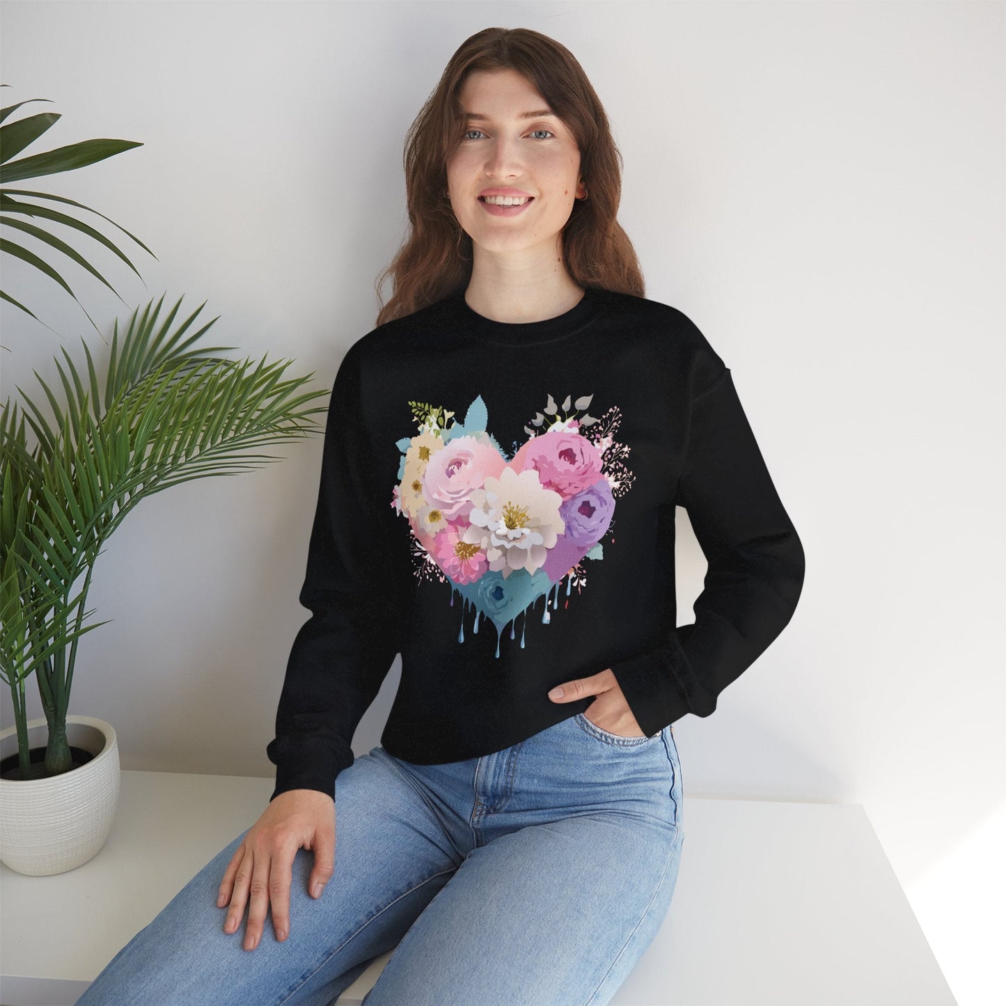 Floral Heart Unisex Crewneck Sweatshirt With Floral Love Valentines Day Design Premium Heavy Blend