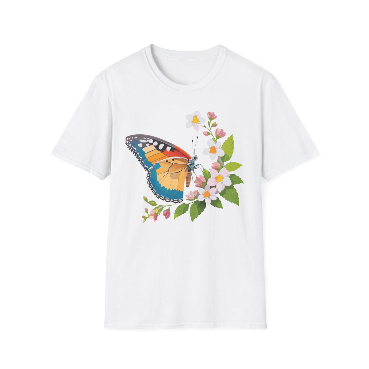 Butterfly Floral T-Shirt — Colorful Monarch with Blossoms Graphic Design Unisex 100 Cotton Gildan T-Shirt