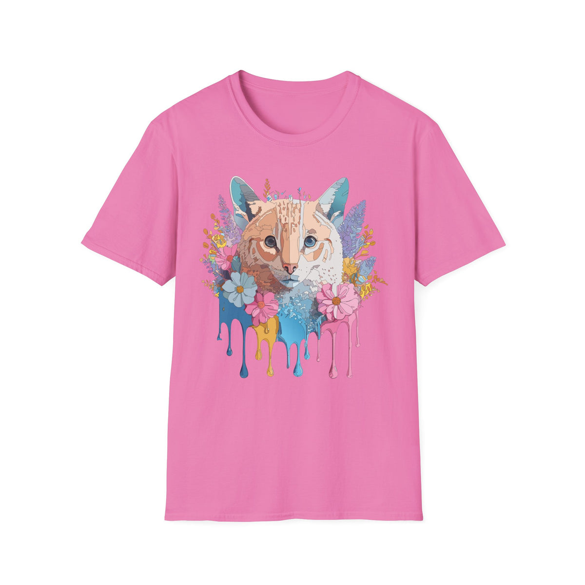 Watercolor Cat Face T-Shirt | Floral Drip Art, Colorful Kitty Tee