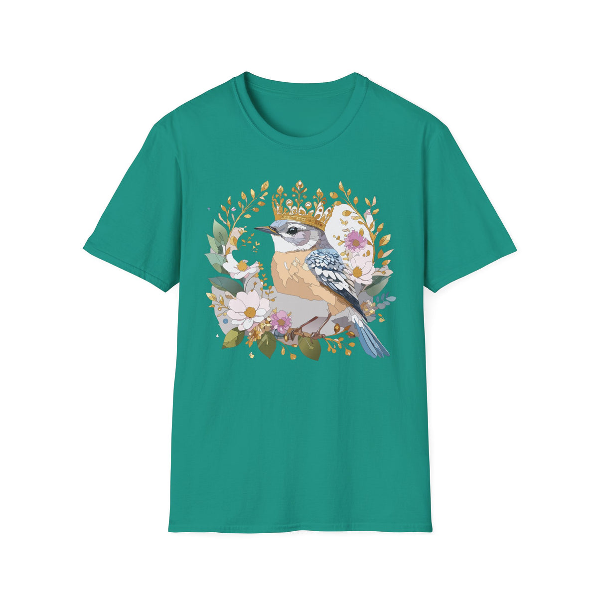 Blue Jay with Floral Wreath and Crown T-Shirt | Bird Illustration