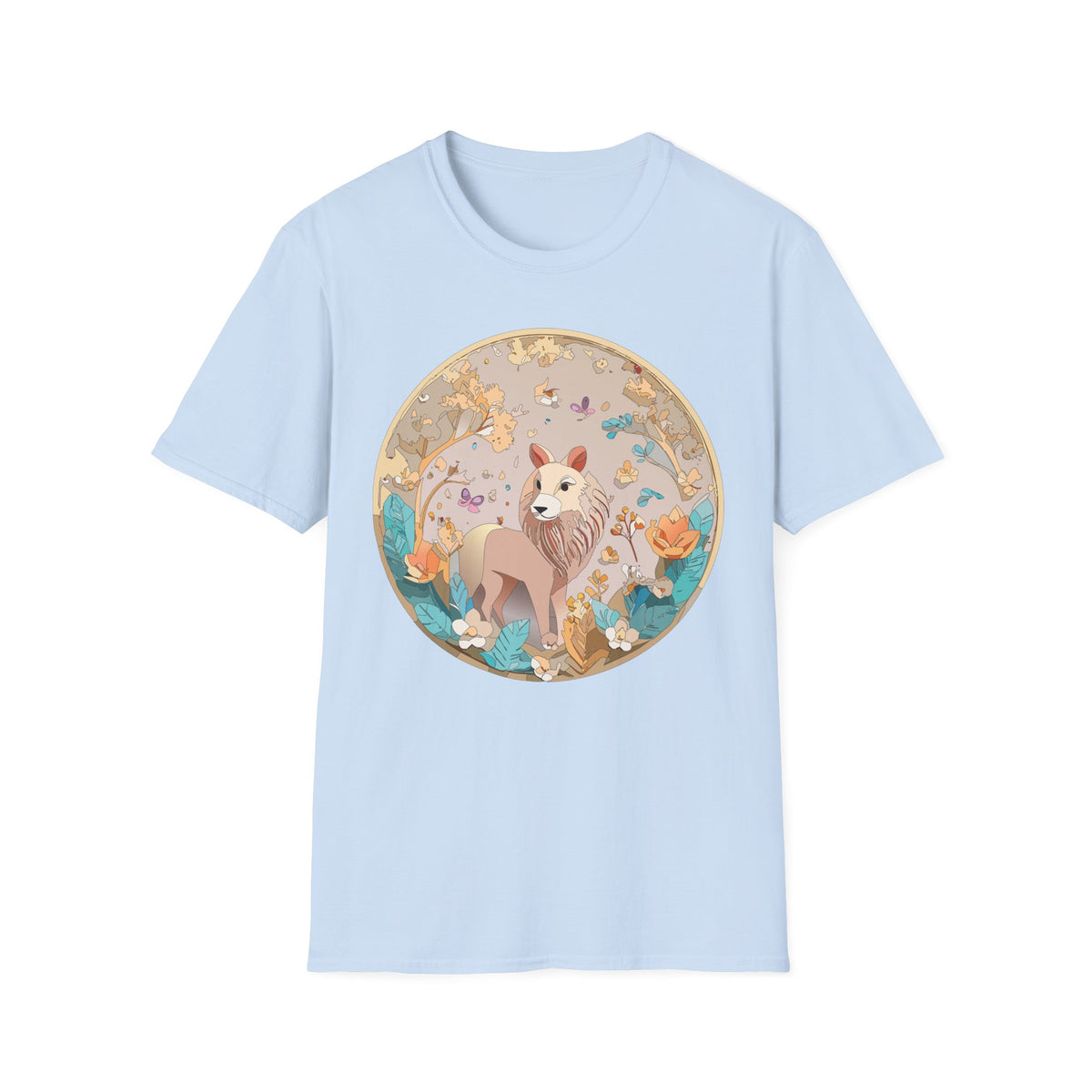 Whimsical Lion Garden Illustration T-Shirt | Floral Circle Art