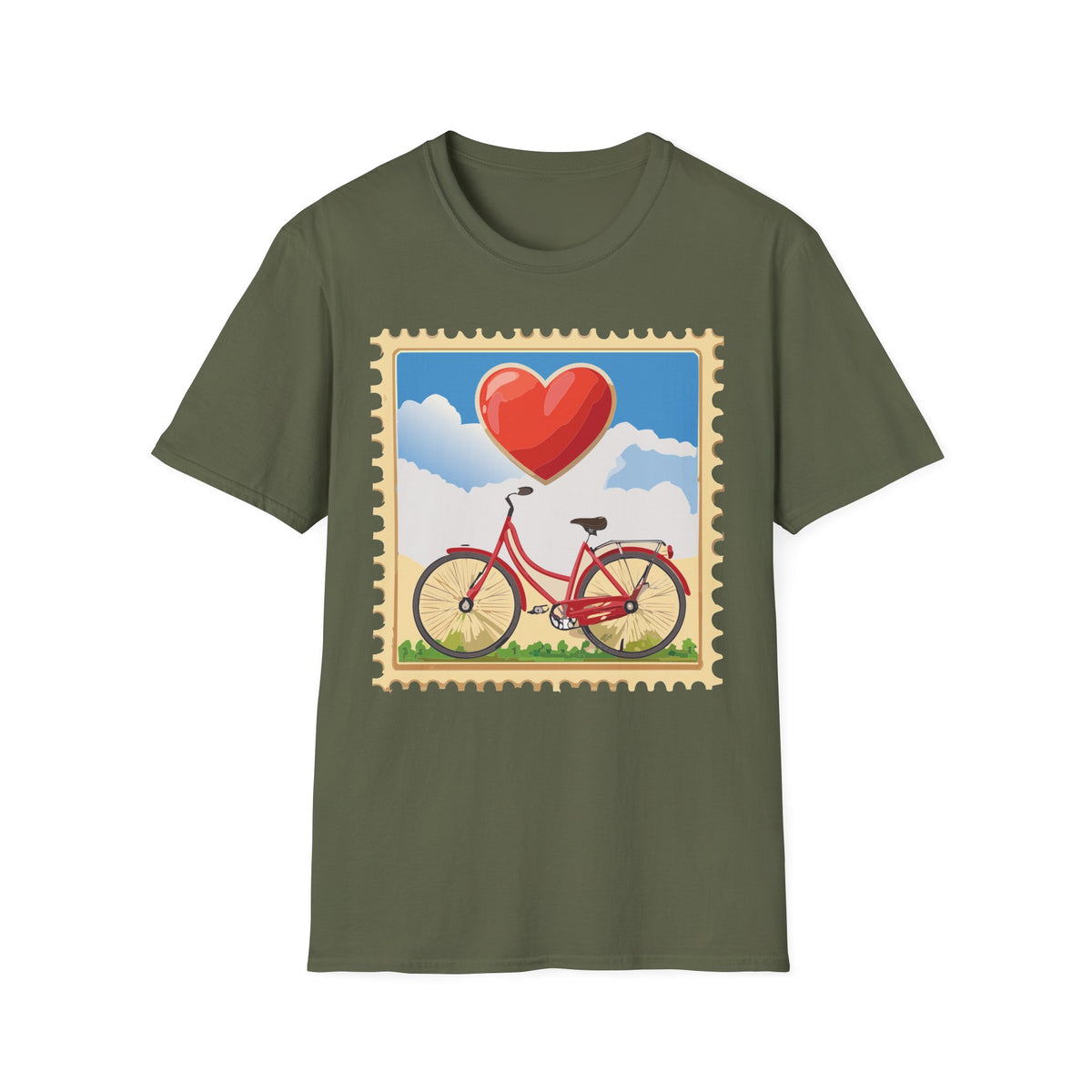 Heart Balloon Bicycle T-Shirt | Retro Stamp Illustration