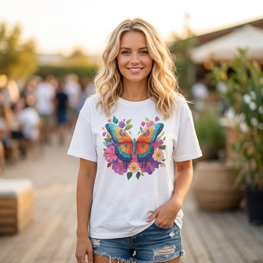Colorful Butterfly Floral Tee | Vibrant Monarch Butterfly Graphic Tee Unisex 100 Cotton Gildan T-Shirt