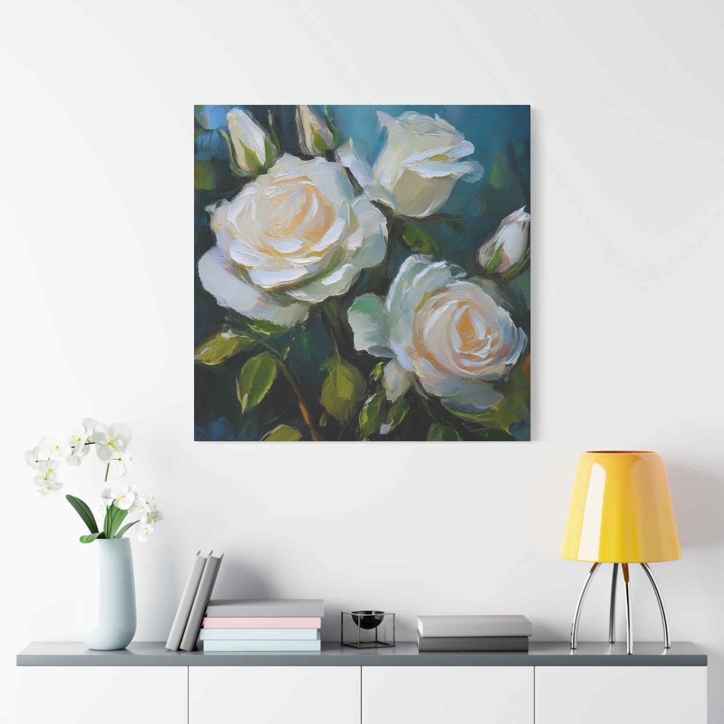 White Roses Print Canvas, Roses Oil Paint Print 20x20, 24x24, 30x30, 32x32, 36x36, Floral Art Design Print Non-Frame MC-20