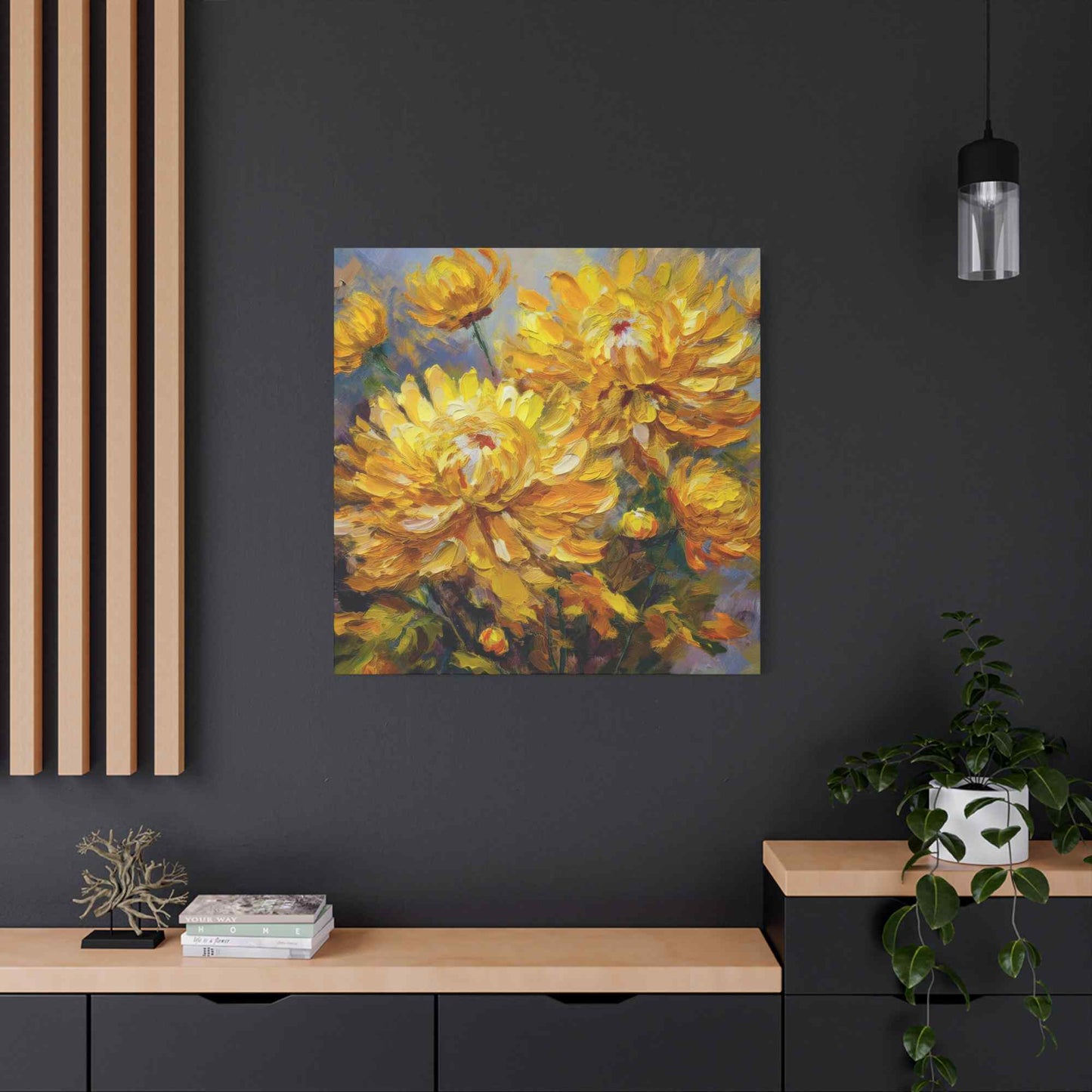 Chrysanthemums Print Canvas, Floral Oil Paint Print 20x20, 24x24, 30x30, 32x32, 36x36 Art Design Pine-Wood Inner Frame MC-164