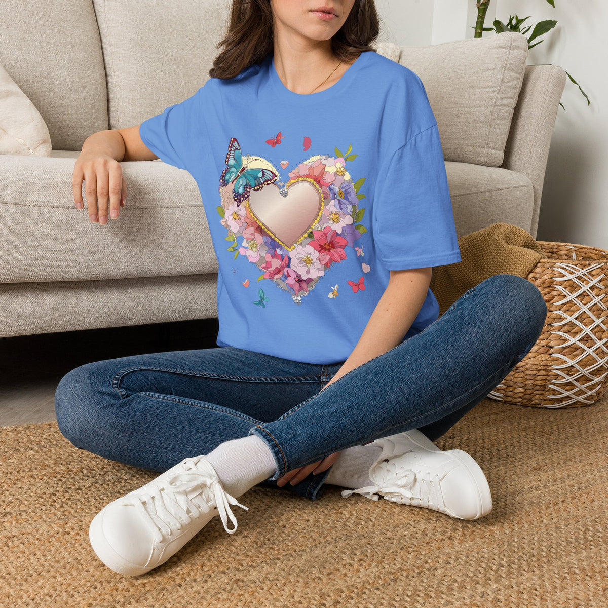 Butterfly Floral Heart Pink Gold Heart with Flowers and Butterflies Graphic Design Unisex 100 Cotton Gildan T-Shirt