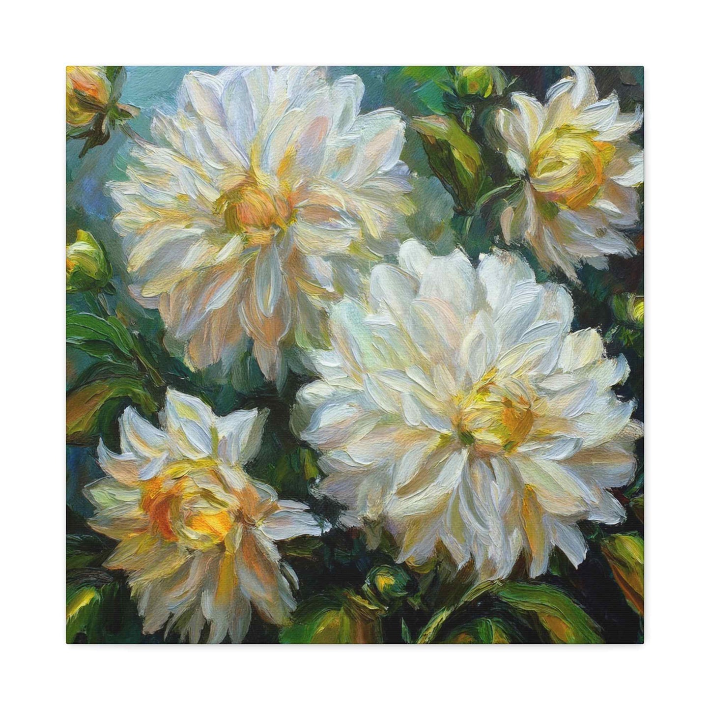 White Dahlias Print Canvas, Floral Oil Paint Print 20x20, 24x24, 30x30, 32x32, 36x36 Art Design Pine-Wood Inner Frame MC-169