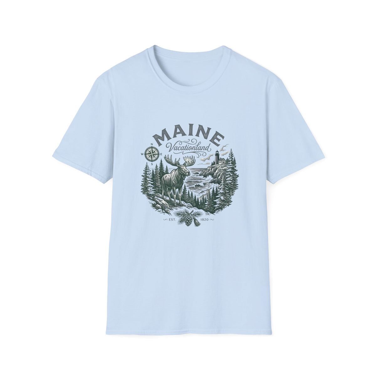 Maine Wilderness Moose Graphic T-Shirt — Vintage State Nature Travel Tourist Graphic Design Unisex 100 Cotton Gildan T-Shirt