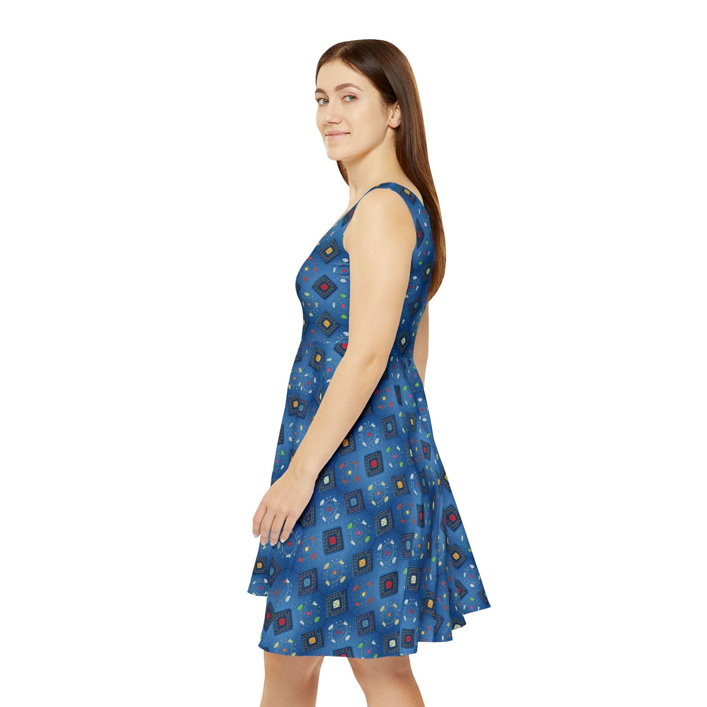 Women Diwali Denim Print Skater Dress, Denim Print Poly-Span Dress - 49