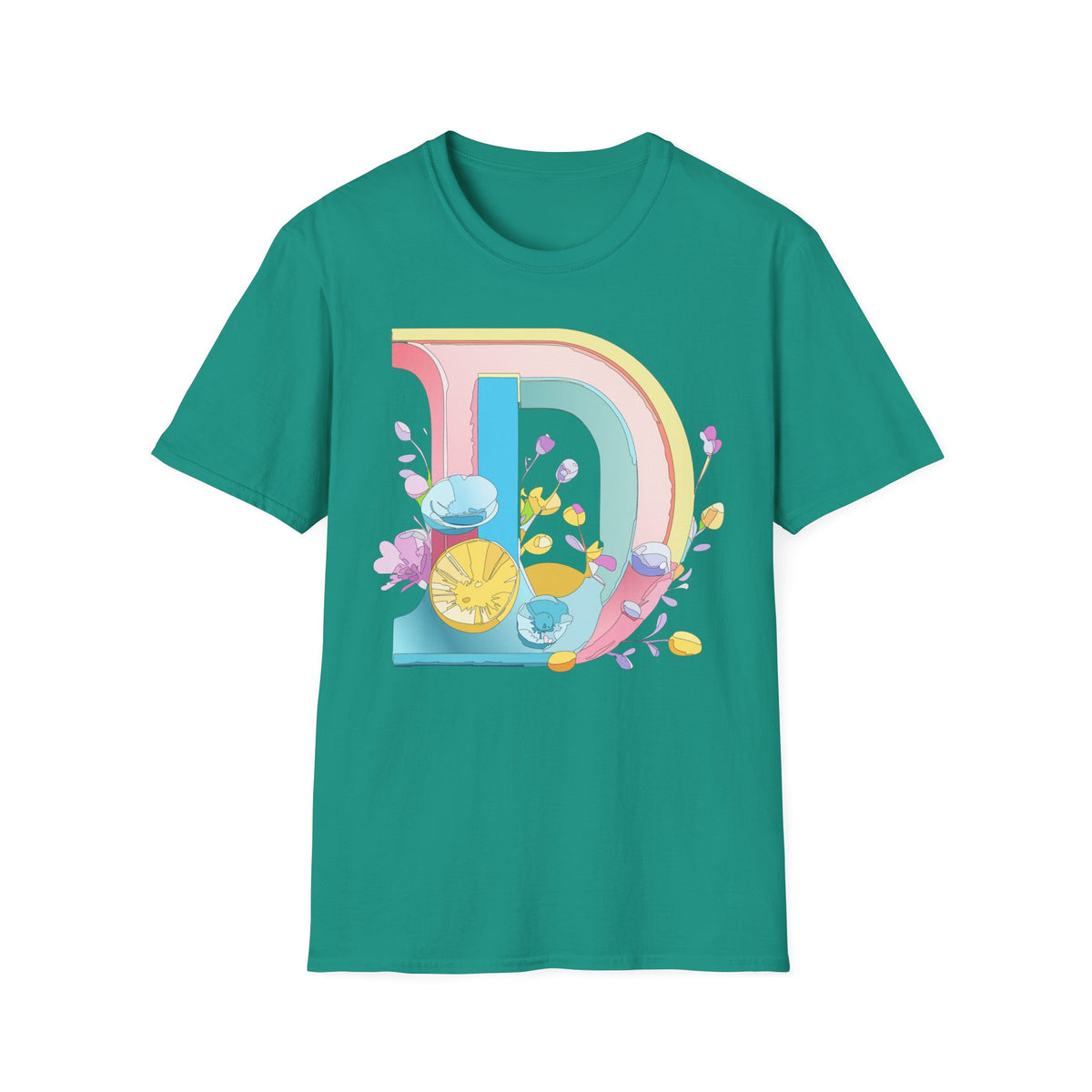 Retro Rainbow Letter D T-Shirt | Floral Lemon Initial Graphic