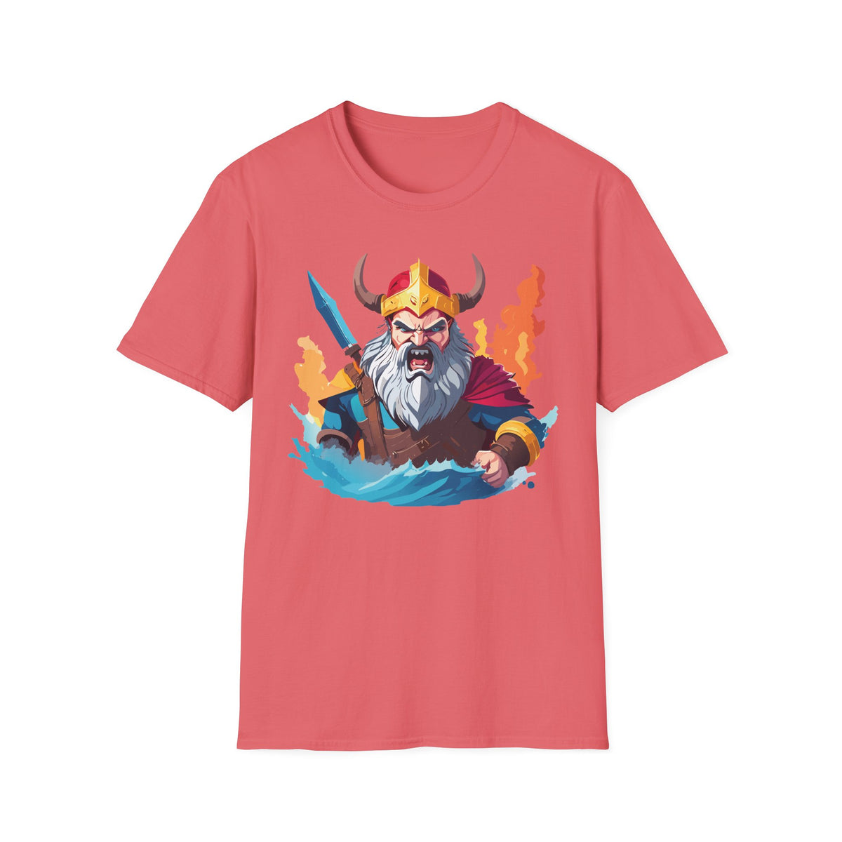 Viking Warrior Illustration T-Shirt | Horned Helmet, Sword, Flames