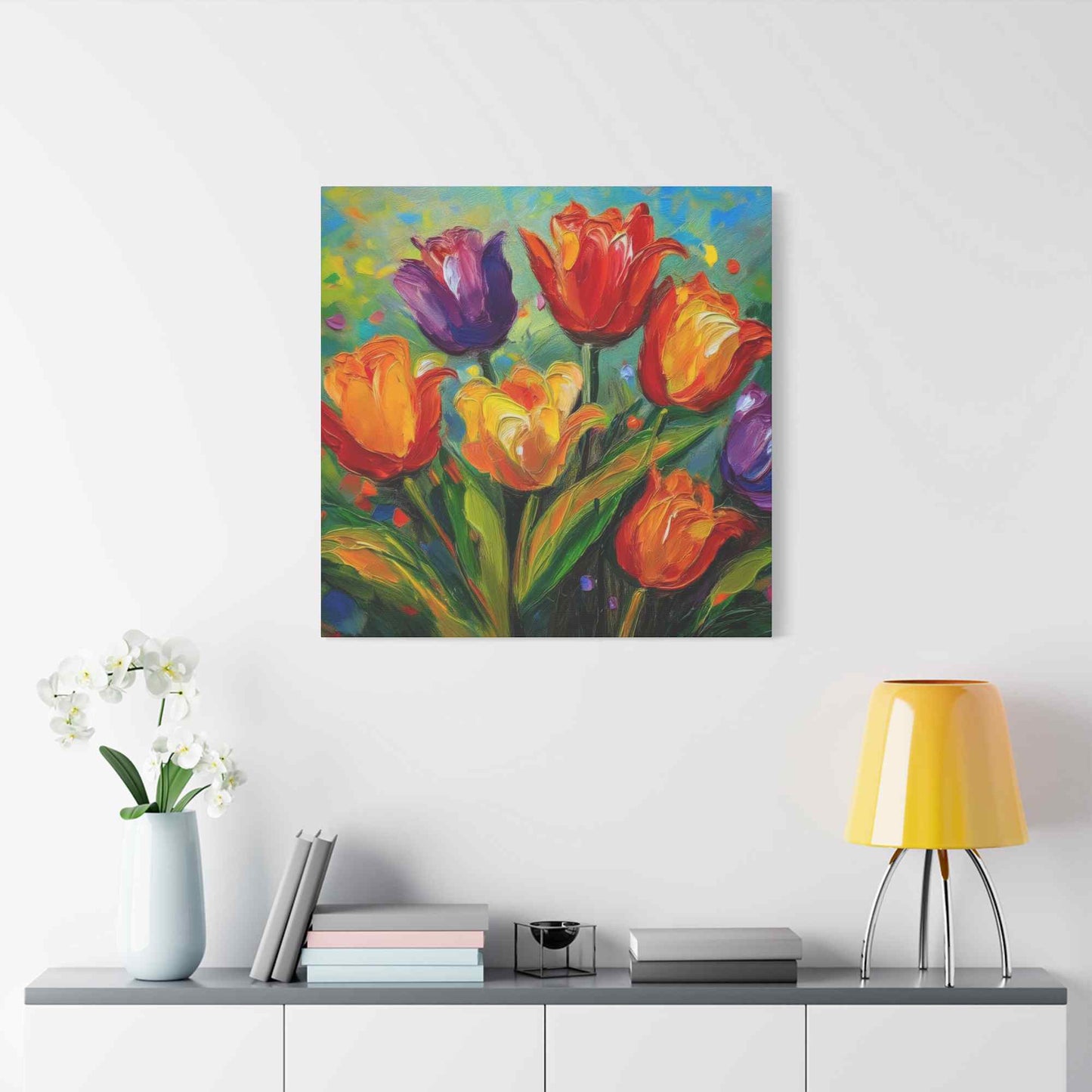 Tulips Print Canvas, Floral Oil Paint Print 20x20, 24x24, 30x30, 32x32, 36x36 Art Design Pine-Wood Inner Frame MC-141