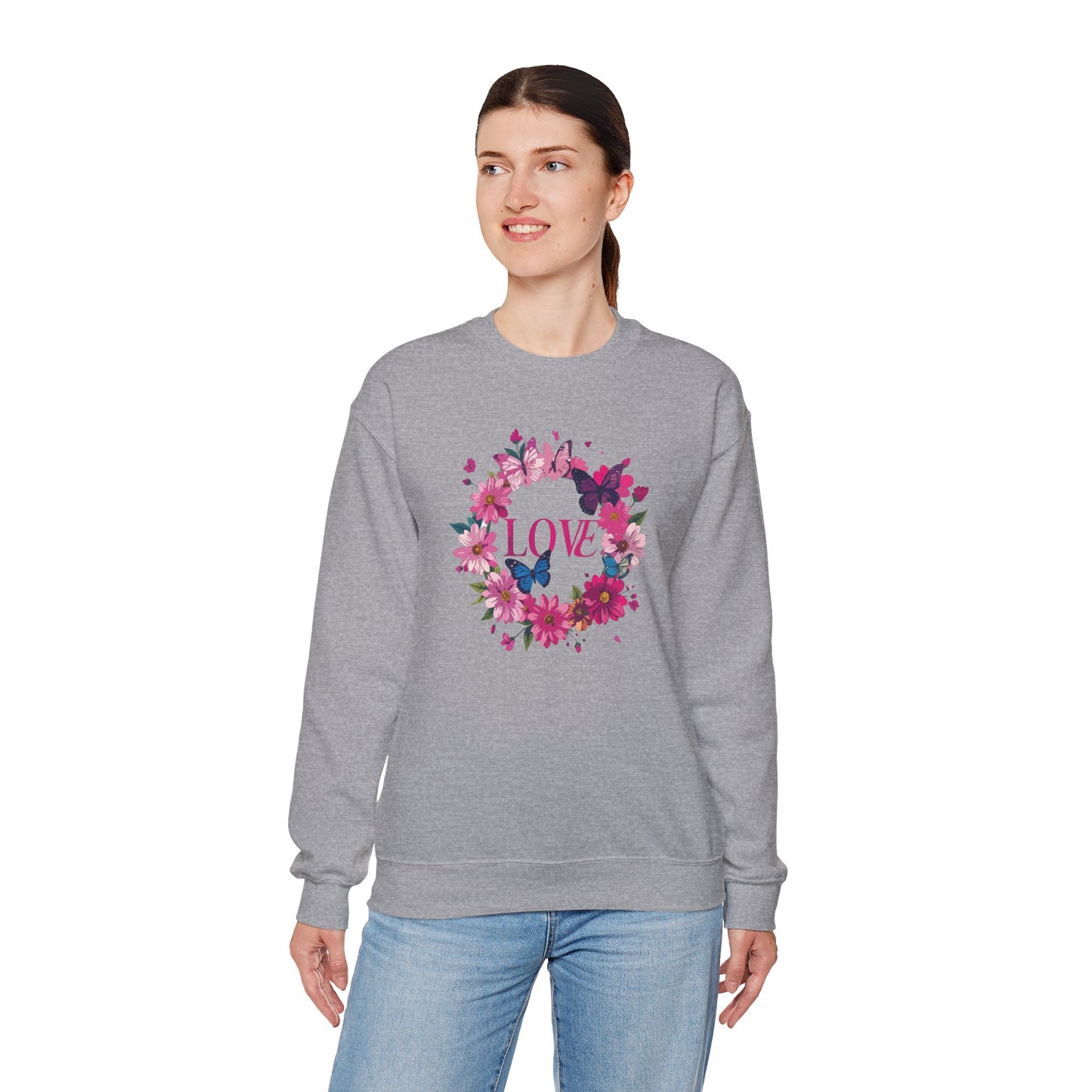 Unisex Floral Love Sweatshirt, Love Floral Sweatshirt, Floral Butterfly Sweatshirt, 50/50 Cotton-Poly Valentine's Day Sweatshirt 04