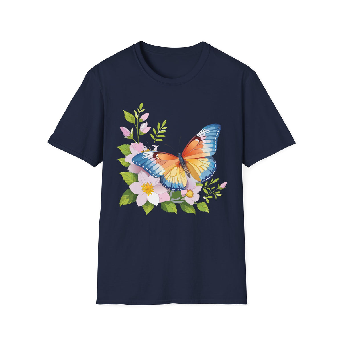 Butterfly Floral T-Shirt — Watercolor Orange & Blue Butterfly on Blossoms Graphic Design Unisex 100 Cotton Gildan T-Shirt