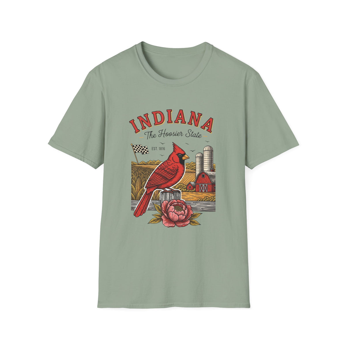 Indiana Cardinal Bird Farm Tee — Indiana The Hoosier State Graphic Travel Tourist Graphic Design Unisex 100 Cotton Gildan T-Shirt