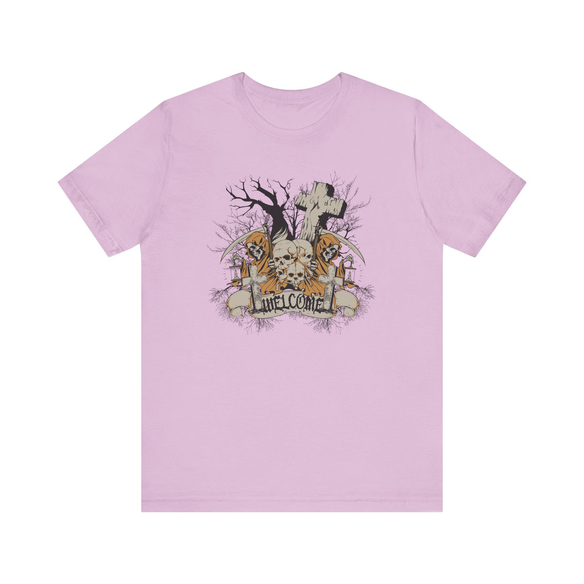 Skull Graveyard Welcome Tee Halloween Haunted Tree Cross Tombstone Unisex Cotton Art-50