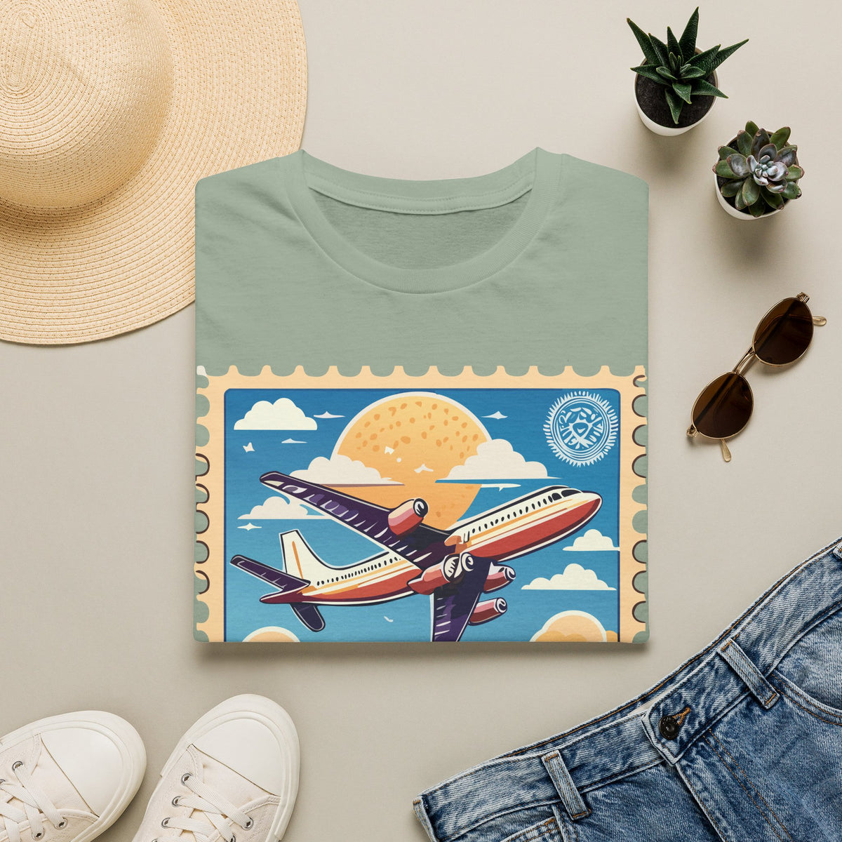 Vintage Airplane Stamp design T-Shirt | Retro Travel Aviation Tee