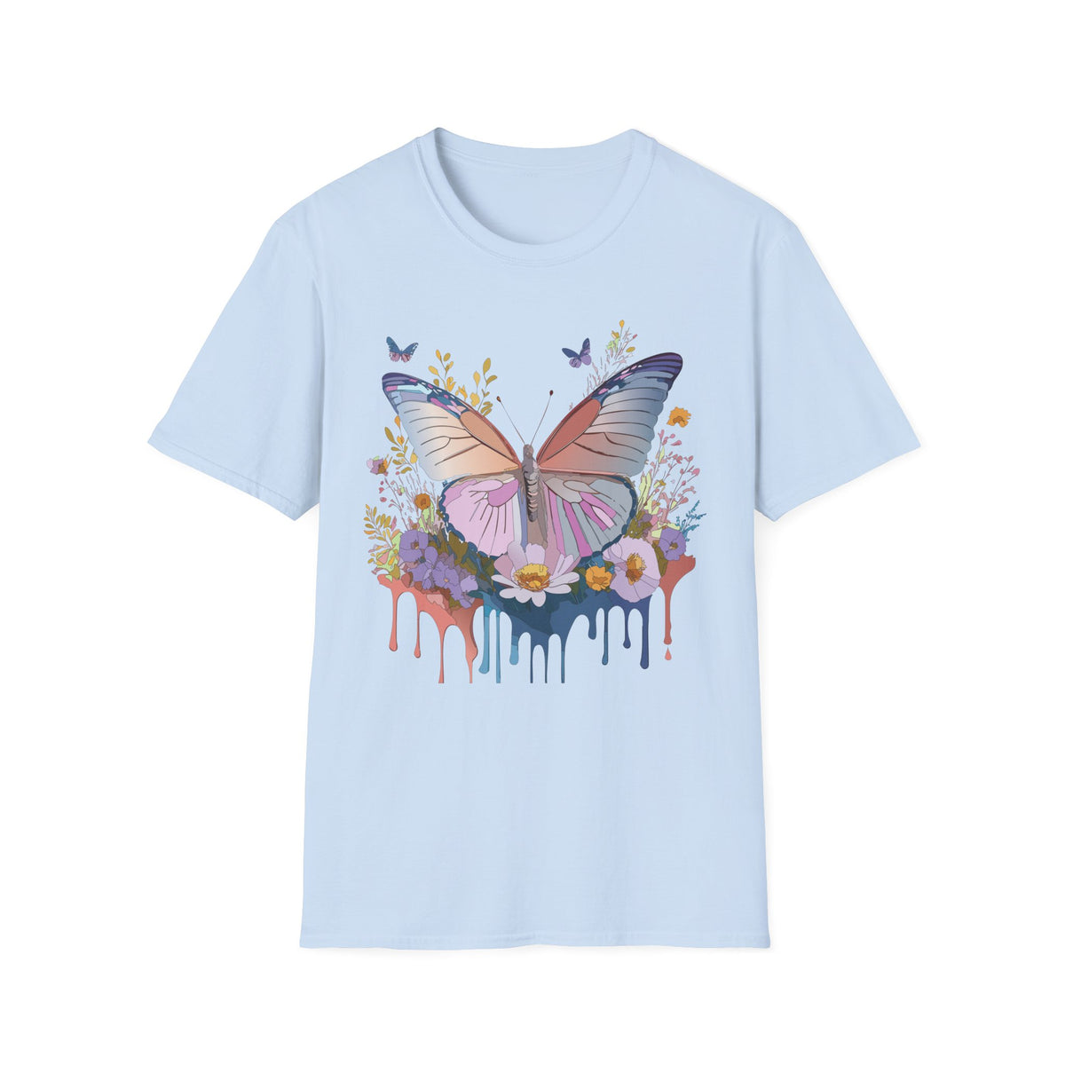 Butterfly Floral T-Shirt — Pastel Watercolor Wings with Drip Art Graphic Tee Unisex 100 Cotton Gildan T-Shirt