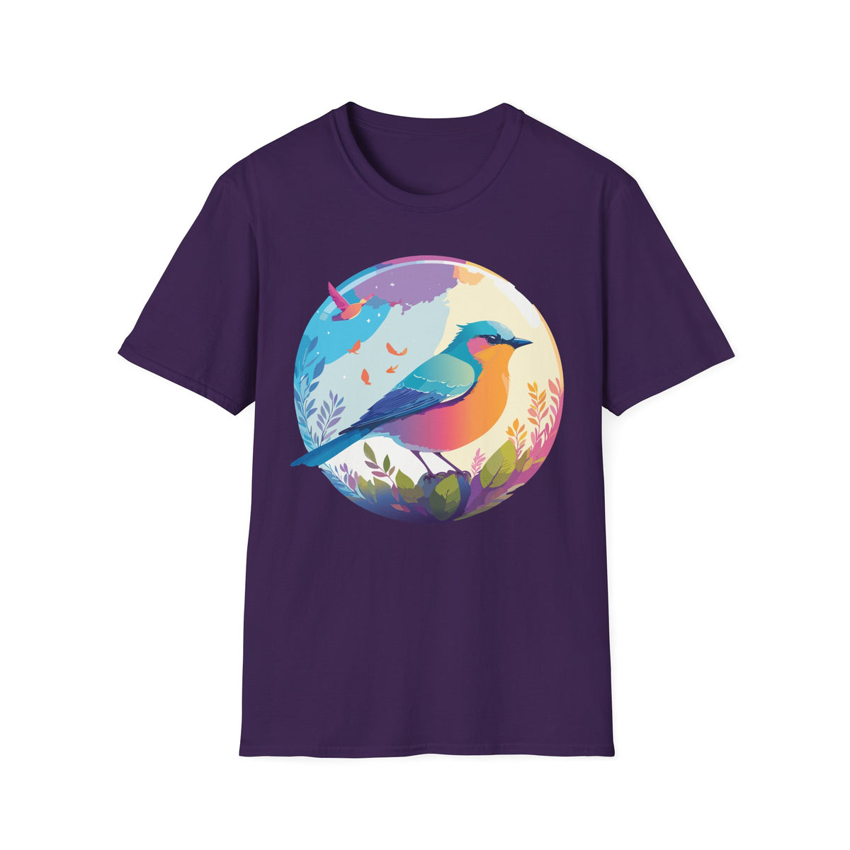 Colorful Bird Illustration T-Shirt | Rainbow Songbird Circle Art