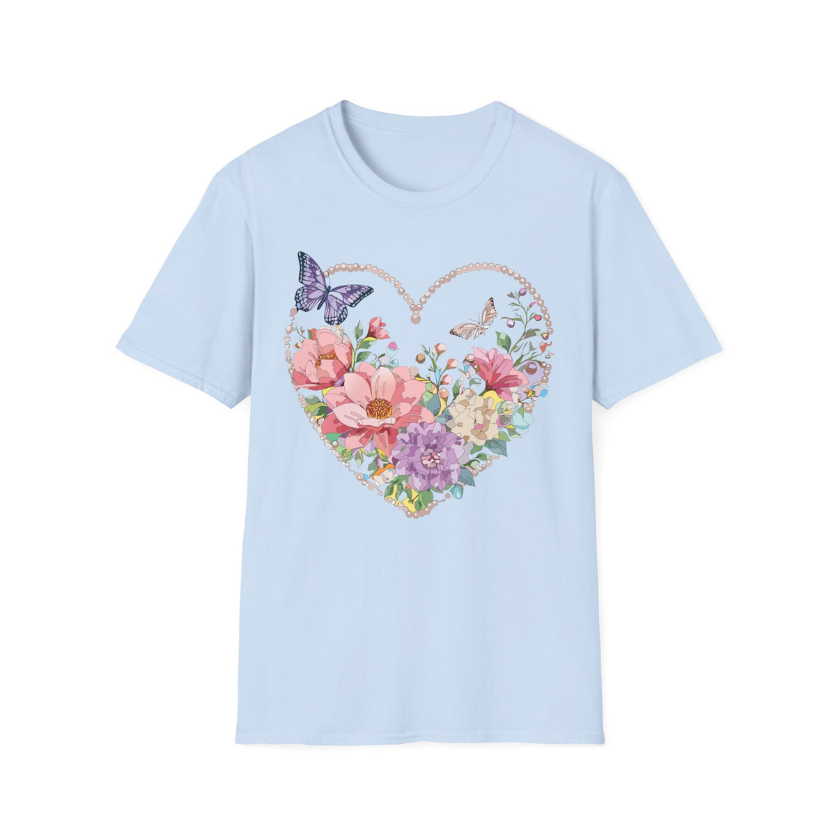 Floral Heart with Butterflies T-Shirt | Romantic Spring Garden Graphic Tee Unisex 100 Cotton Gildan T-Shirt