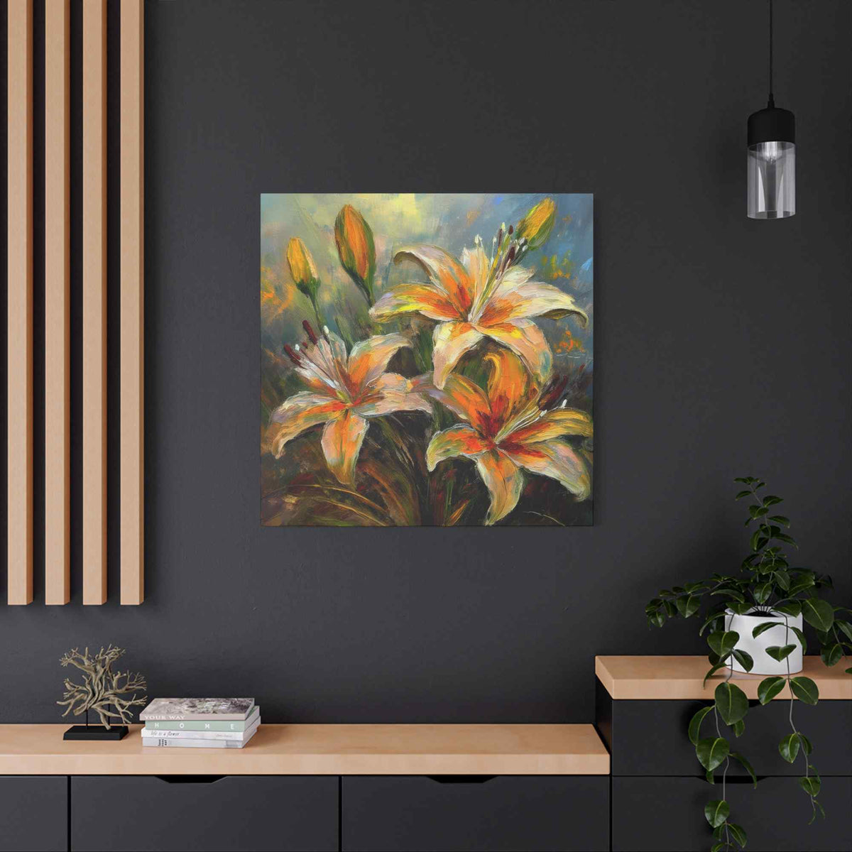 Gold Lilies Print Canvas, Floral Oil Paint Print 20x20, 24x24, 30x30, 32x32, 36x36 Art Design Pine-Wood Inner Frame MC-152
