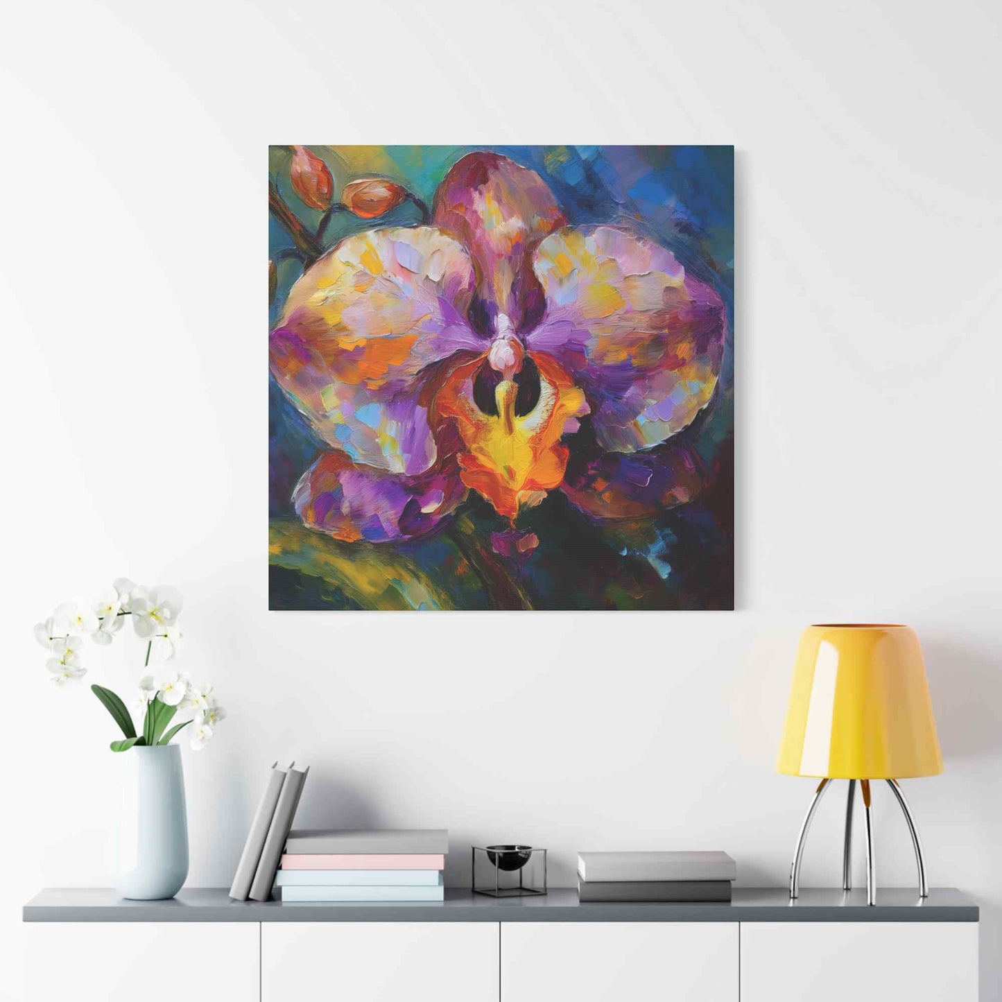 Purple Orchid Print Canvas, Floral Oil Paint Print 20x20, 24x24, 30x30, 32x32, 36x36 Art Design Pine-Wood Inner Frame MC-130