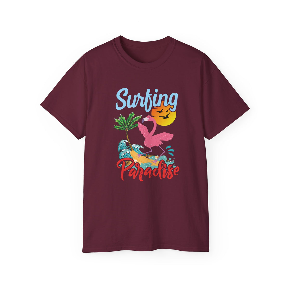 Surfing Paradise Flamingo Tee | Tropical Palm Sunset Surfboard